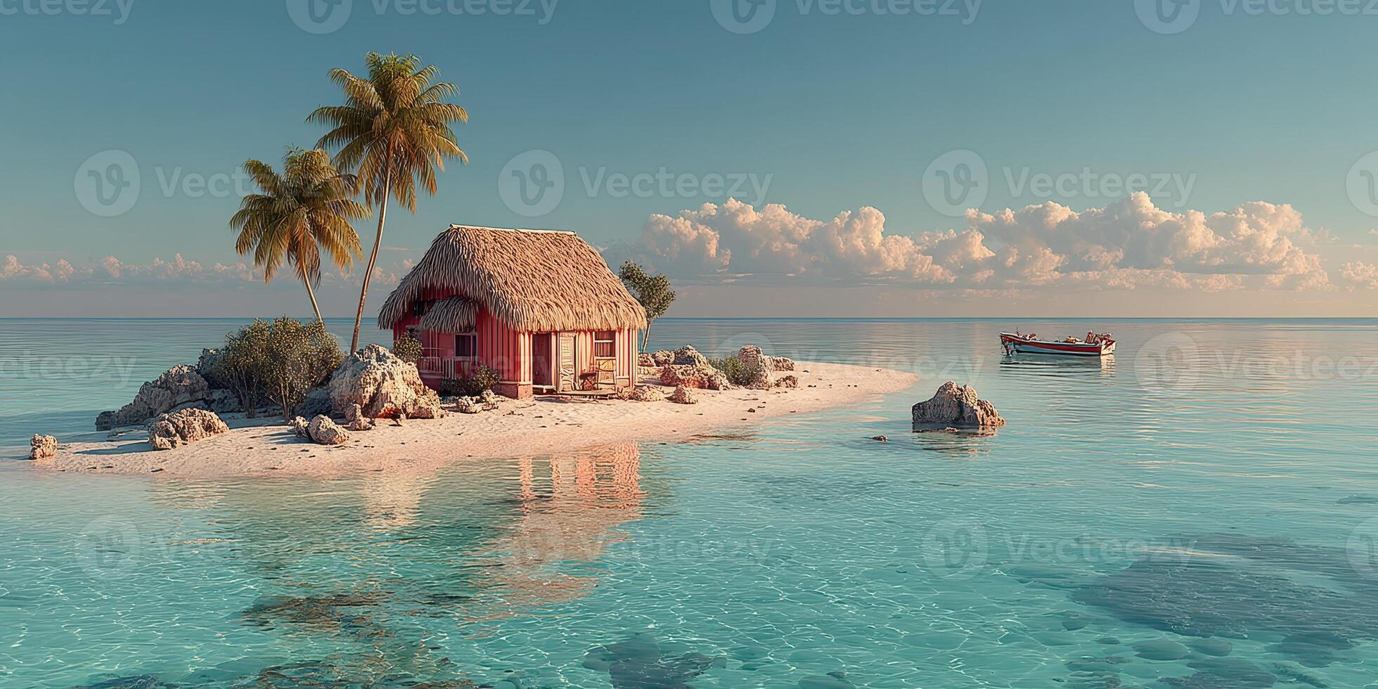 Relaxing tropical island with a beach hut and calm waters during sunset photo