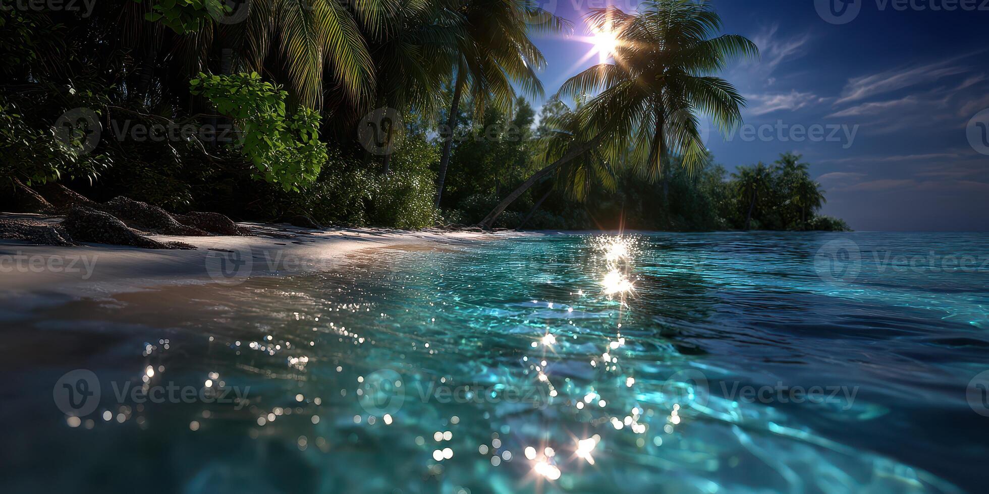 Nighttime beach view with shimmering water and palm trees under the moonlight in a tropical paradise photo