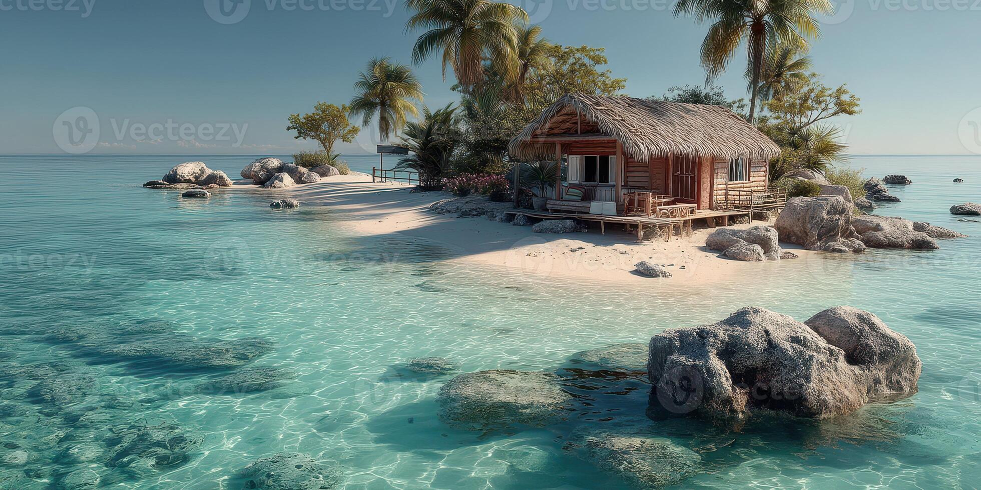 Tropical island retreat features a rustic hut surrounded by clear turquoise waters and lush palm trees on a sunny day photo