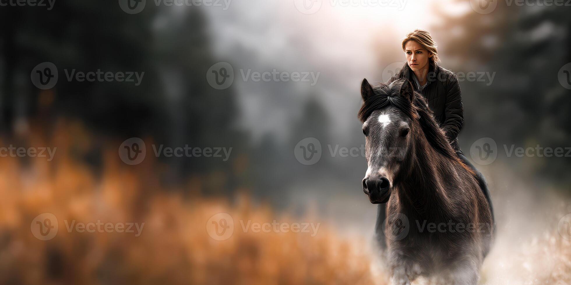 Woman riding a horse through a misty forest at dawn showcasing the beauty of nature and companionship photo