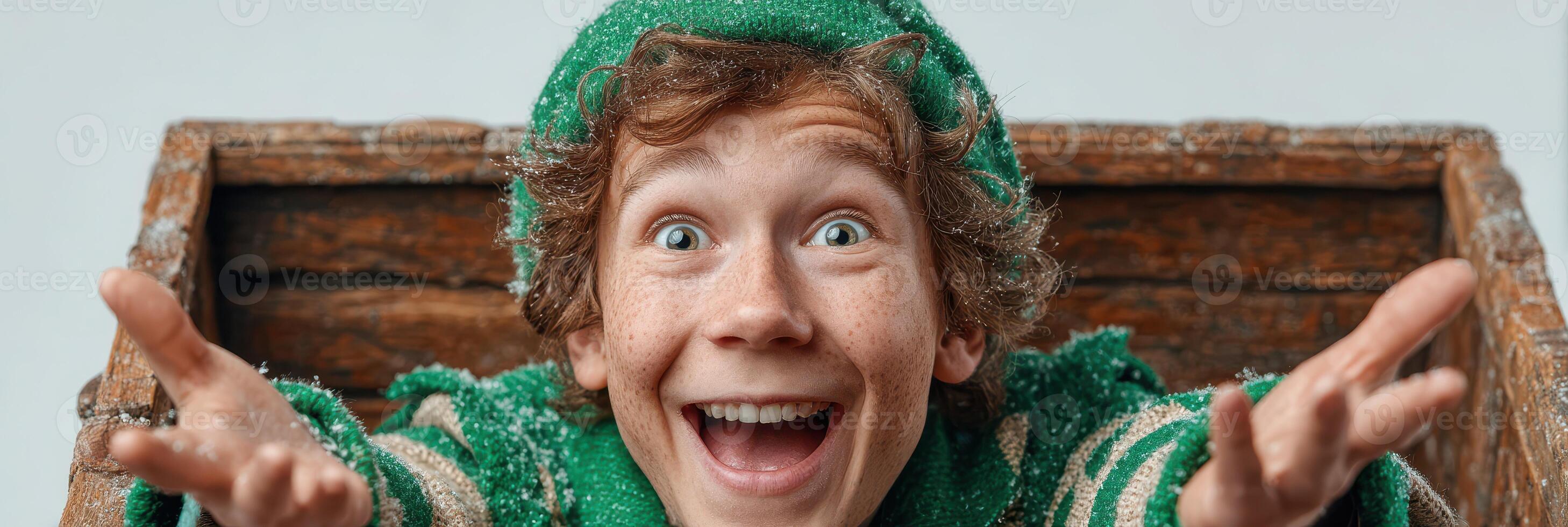 Joyful child in green costume expresses excitement during festive celebration at home photo