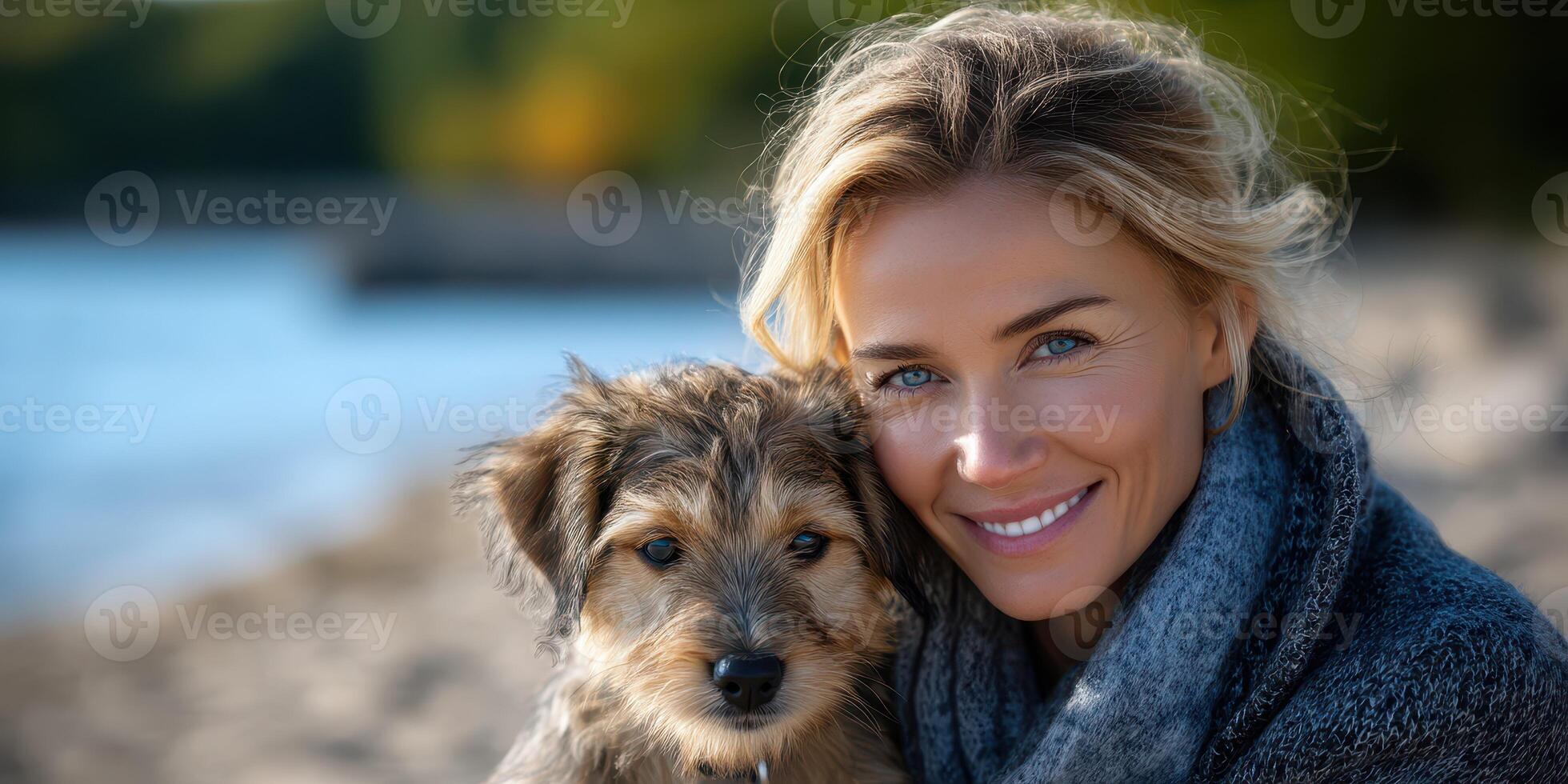 Woman enjoys a sunny day by the water with her playful dog on the shore during autumn afternoon photo