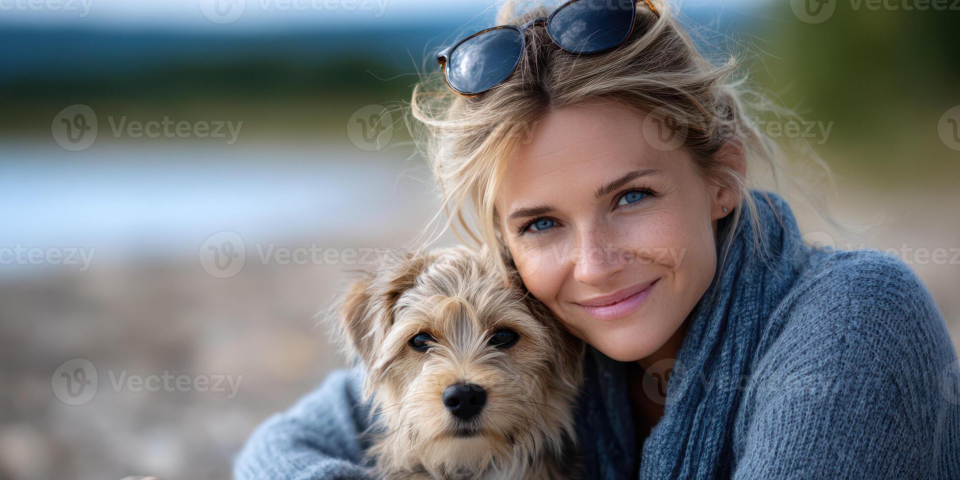 Woman enjoys a happy moment with her small dog by the lakeside during a sunny afternoon photo