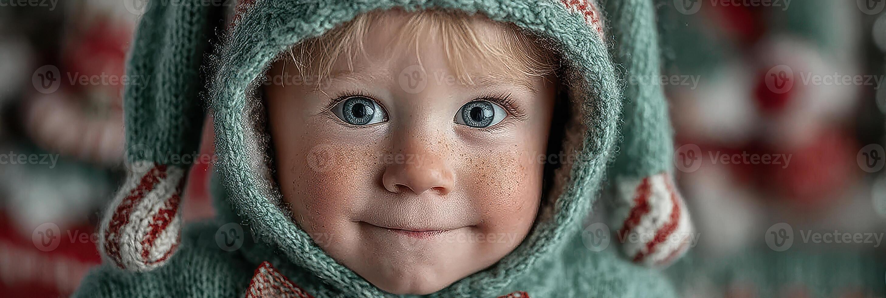 Child in cozy green sweater with festive background enjoys the holiday season with a cheerful expression photo