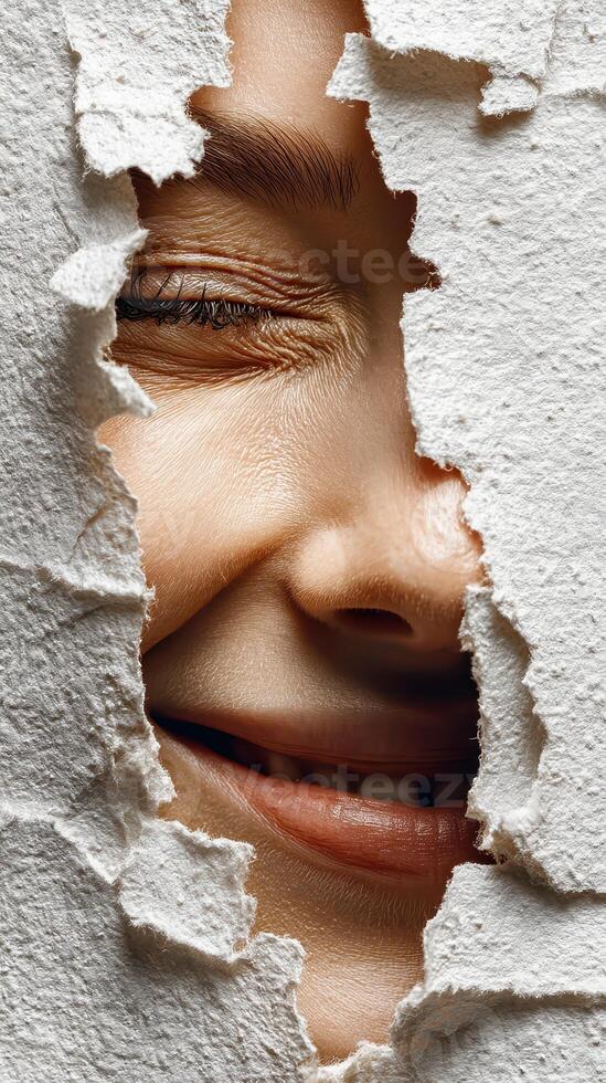 Smiling woman peeking through torn paper in a creative and playful expression photo