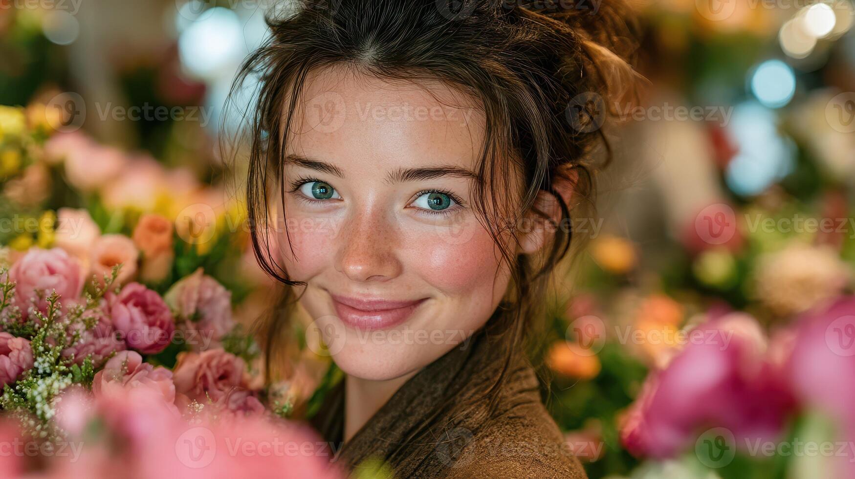 Young woman smiles among colorful flowers in a vibrant bloom shop during daytime warmth photo
