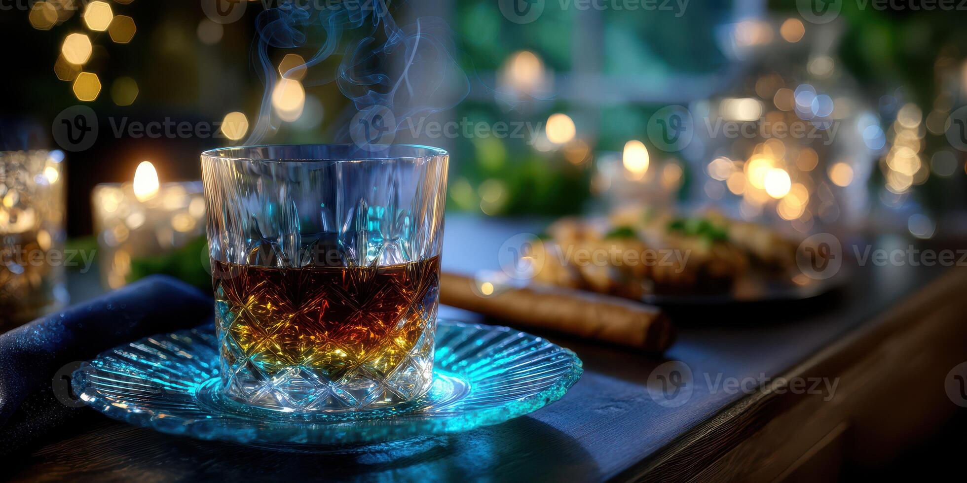 Whiskey glass with smoke on a dimly lit table during a cozy evening gathering photo