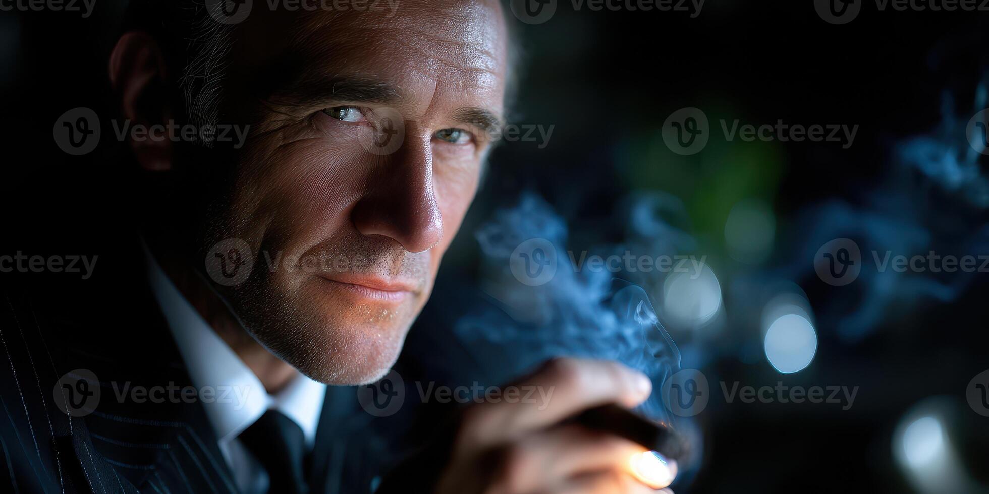 Man in a suit holding a cigar with smoke in a dimly lit stylish setting during an evening gathering photo