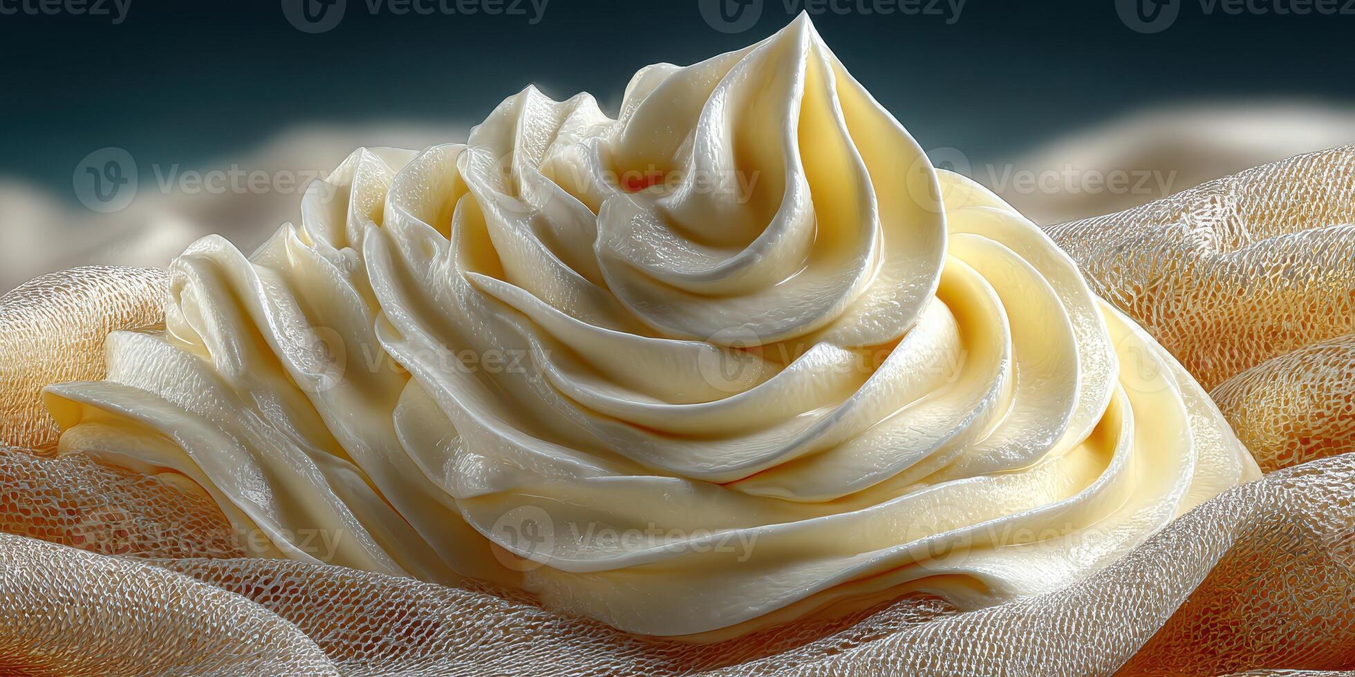 Beautifully textured swirl of creamy dessert topping displayed against a soft neutral backdrop in a culinary setting photo