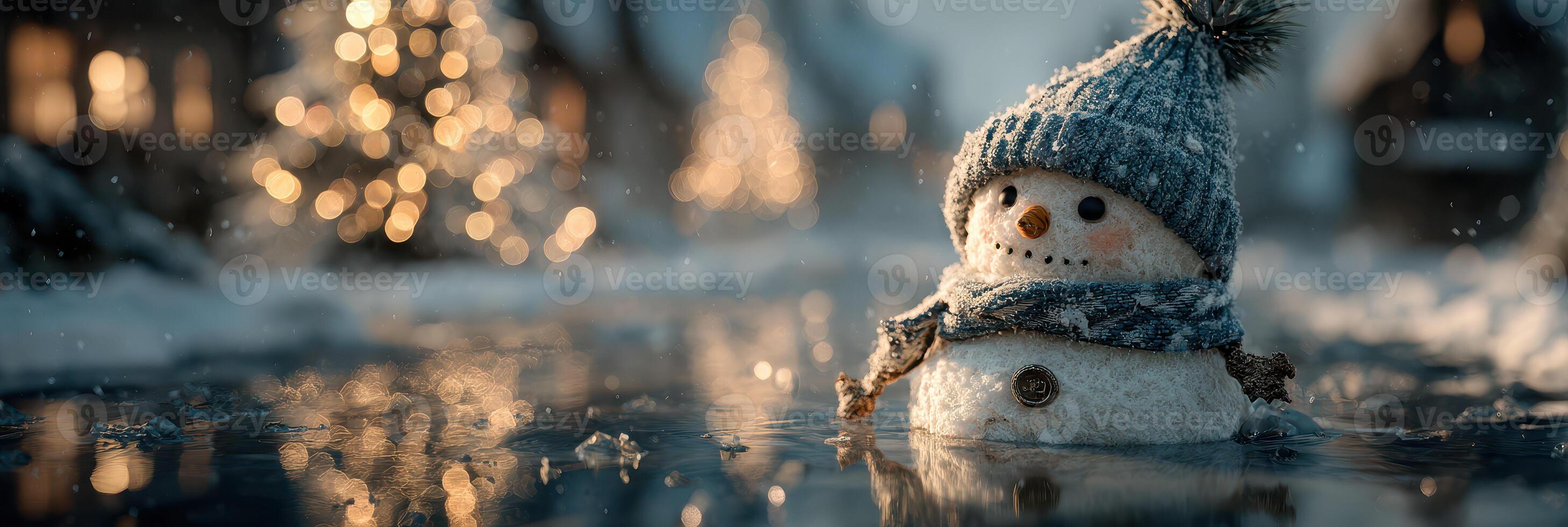 Snowman wearing a scarf and hat stands in shallow water amidst a winter village with twinkling lights at dusk photo