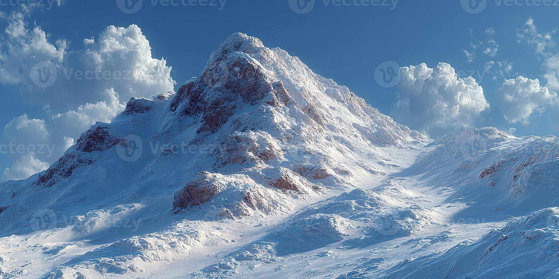 Mountain peak covered in snow under a clear blue sky with fluffy clouds during daylight in winter photo