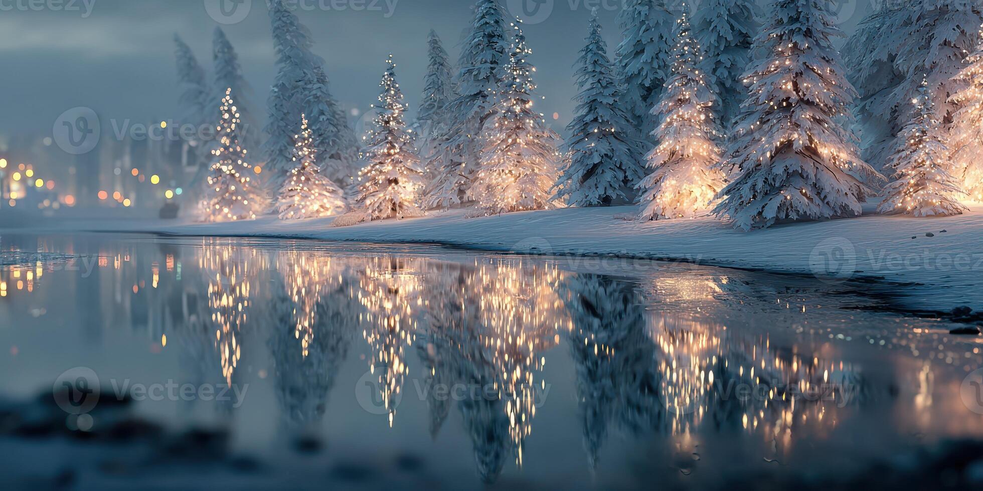 Winter landscape with snowy trees and shimmering reflections by the water at dusk in a city setting photo