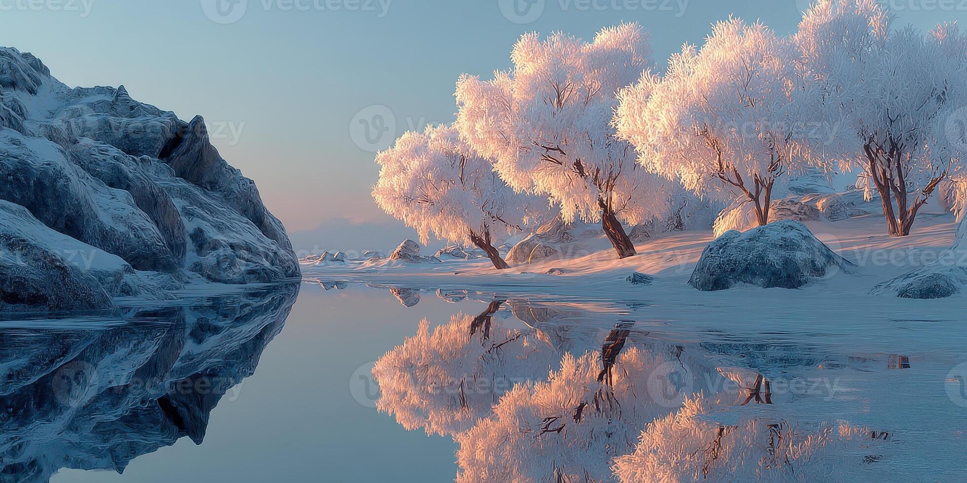 Winter landscape reflects serene beauty at dawn with frosted trees and still water in a tranquil setting photo