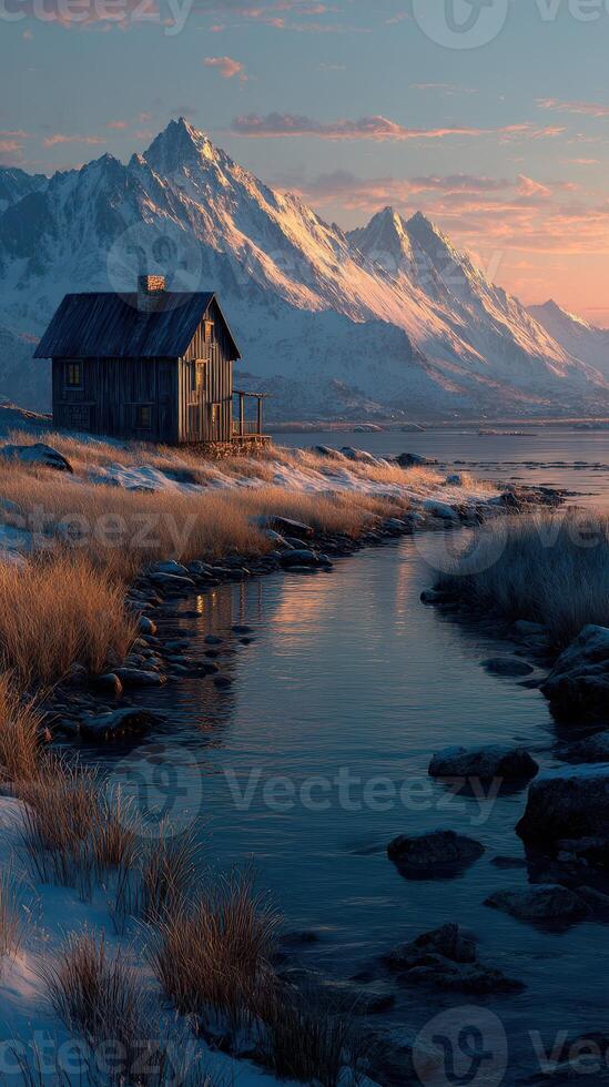 Serene wooden cabin by a tranquil river under snowy mountains at dawn photo