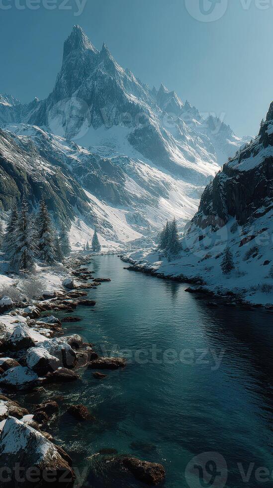 Majestic snow-covered mountains rise above a tranquil river in a serene winter landscape at dawn photo
