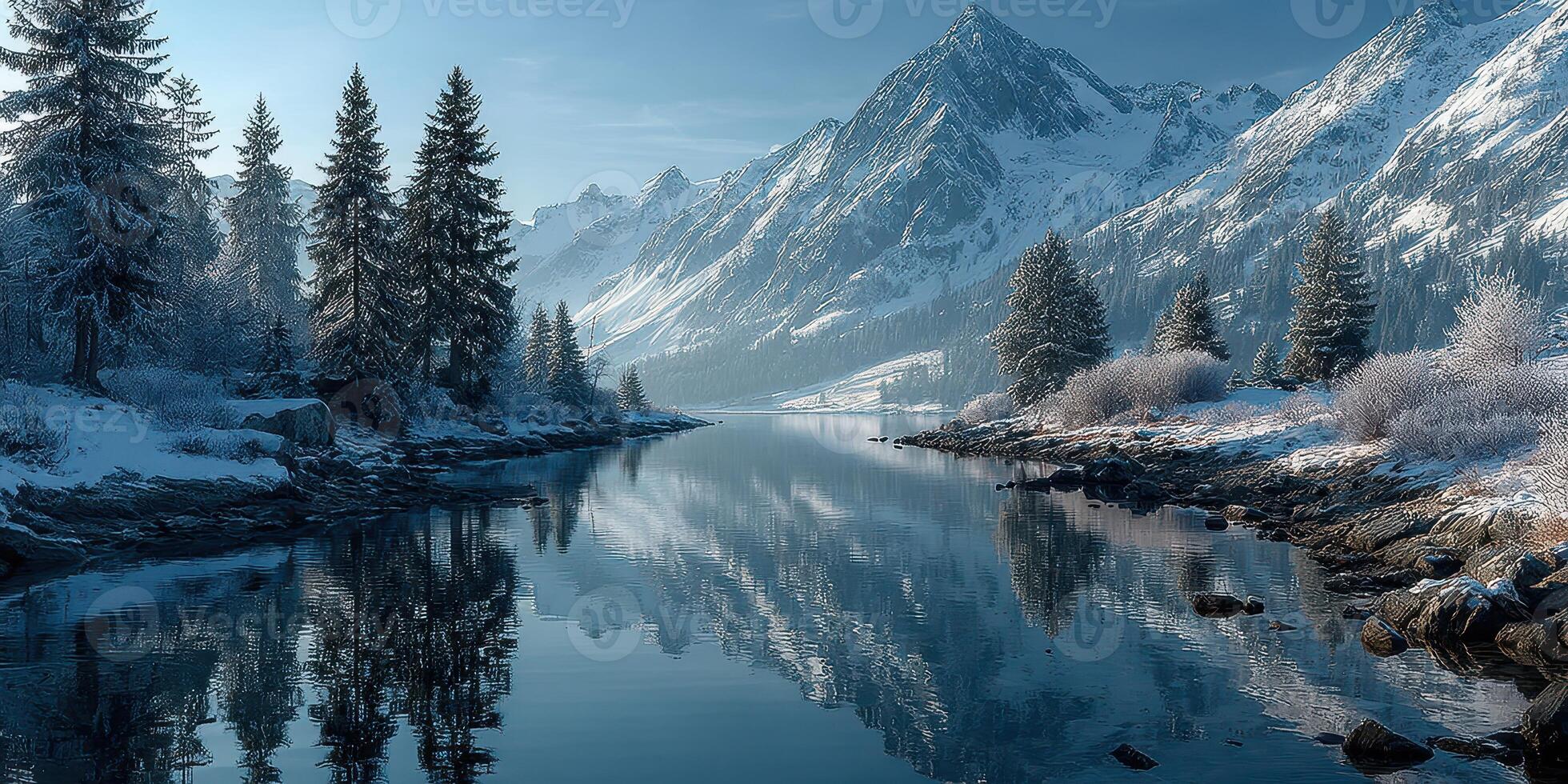 Winter landscape with snow-covered mountains and a serene lake reflecting the scenery photo