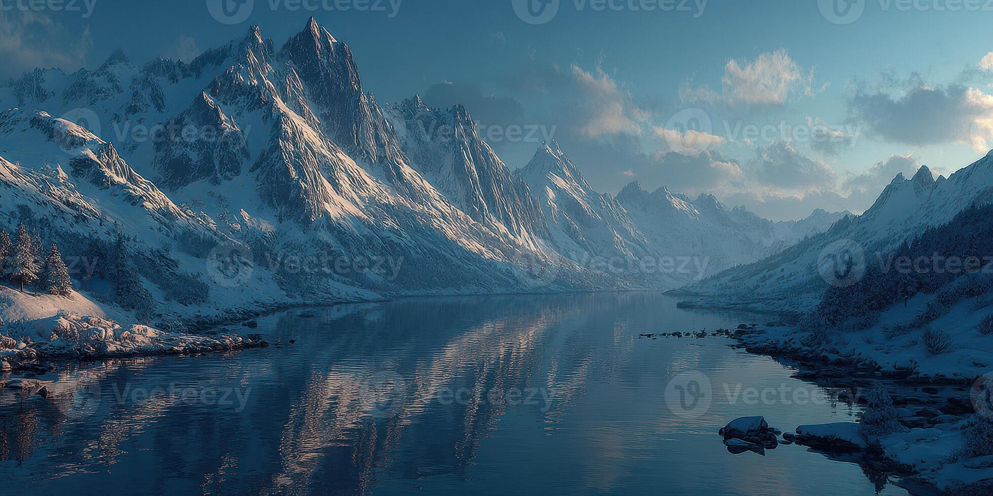 Frozen landscape reflects majestic mountains and still river at dawn in a winter wonderland photo