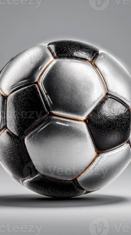 Soccer ball resting on a smooth surface showcasing its textured design and classic black and white pattern photo