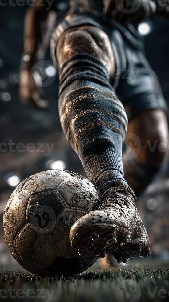 Soccer player preparing to kick a muddy ball during an intense match at a bustling stadium under bright lights photo