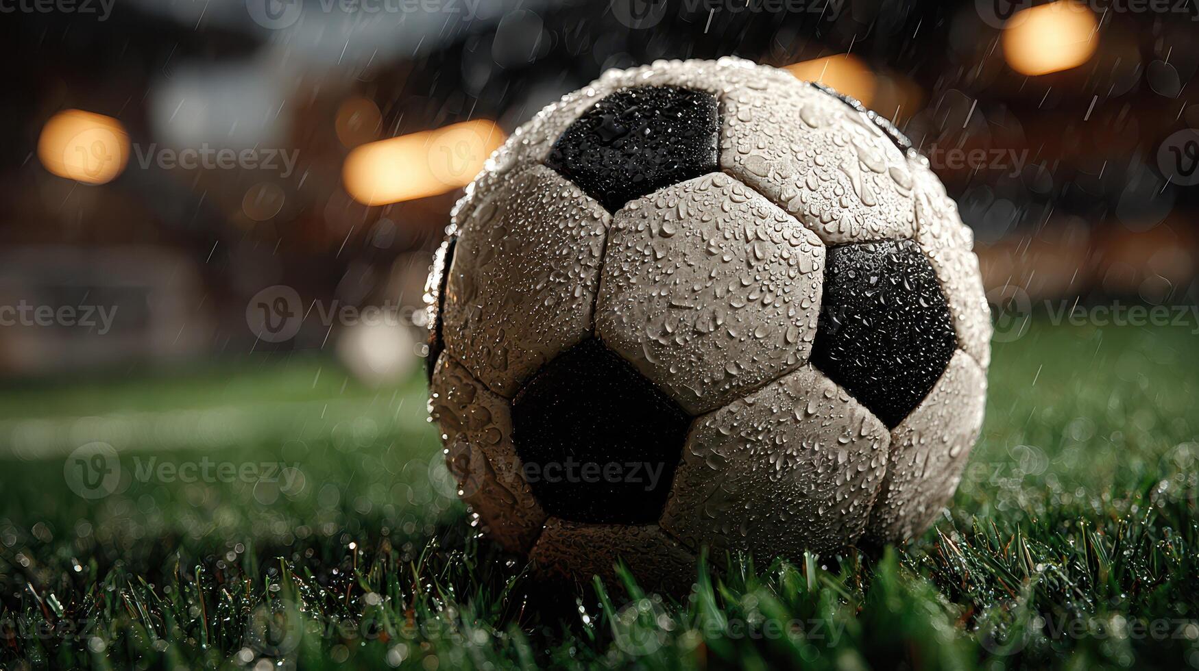 Rain-soaked soccer ball resting on wet grass during an evening practice session photo