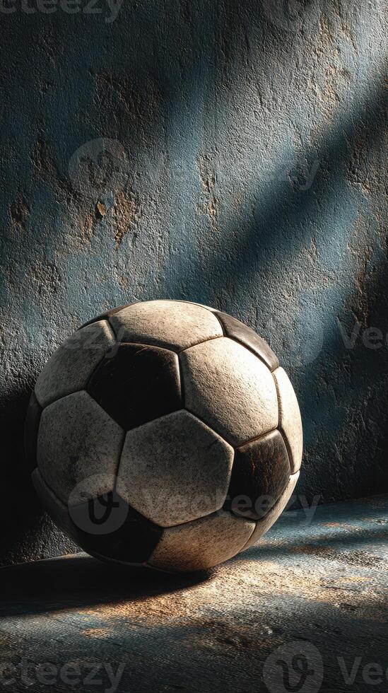Vintage soccer ball resting against a textured wall in soft light highlights its worn features and history photo
