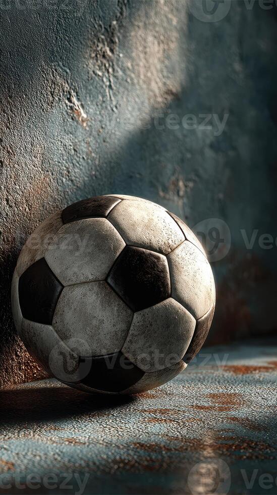 Old soccer ball resting on a weathered surface in dim lighting with textured wall backdrop photo