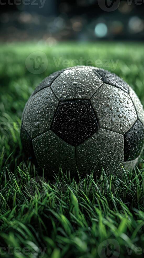 Dewy soccer ball resting on vibrant green grass during a rainy evening at the stadium photo