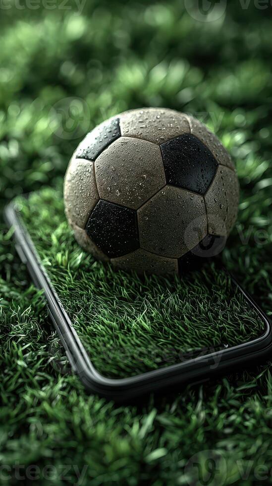 Wet soccer ball rests on artificial grass next to a smartphone during a rainy day photo
