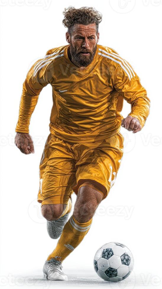 Skilled soccer player in yellow jersey showcasing athleticism on the field during an intense match photo