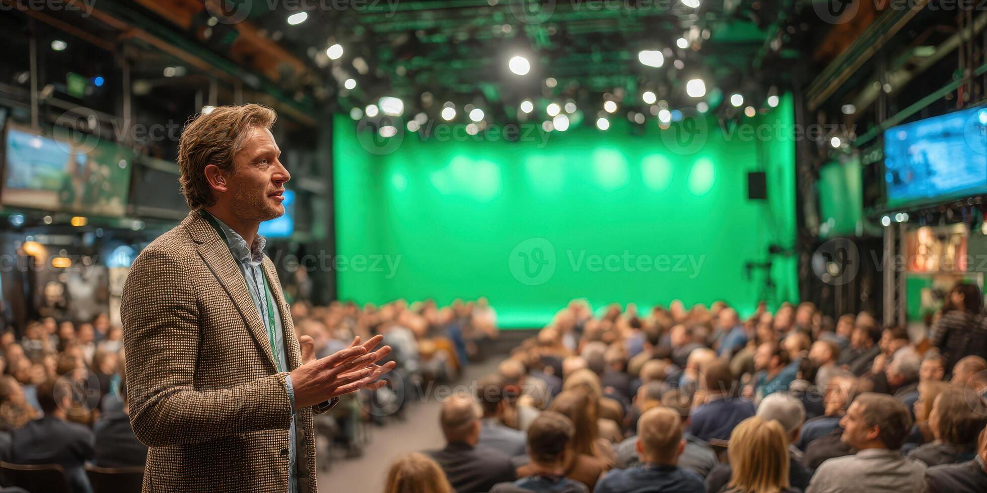 Engaging speaker addresses audience in front of green screen during a professional event photo