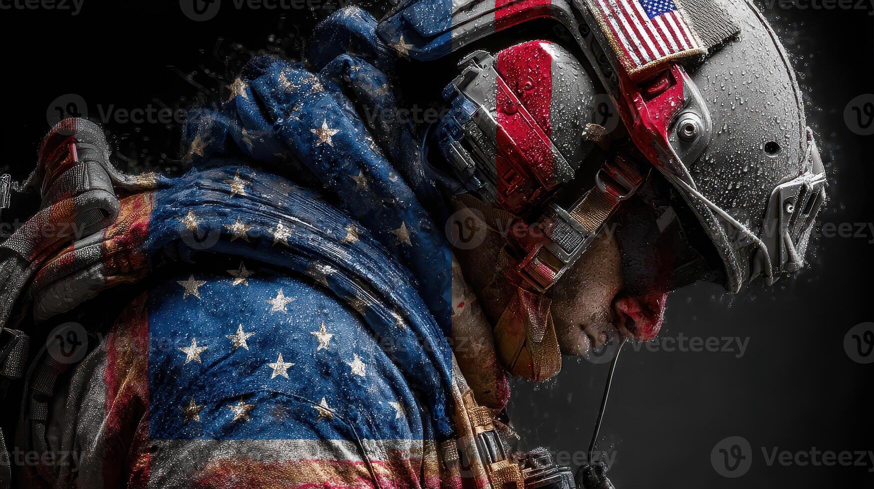 Soldier with American flag background in contemplative pose during military training photo