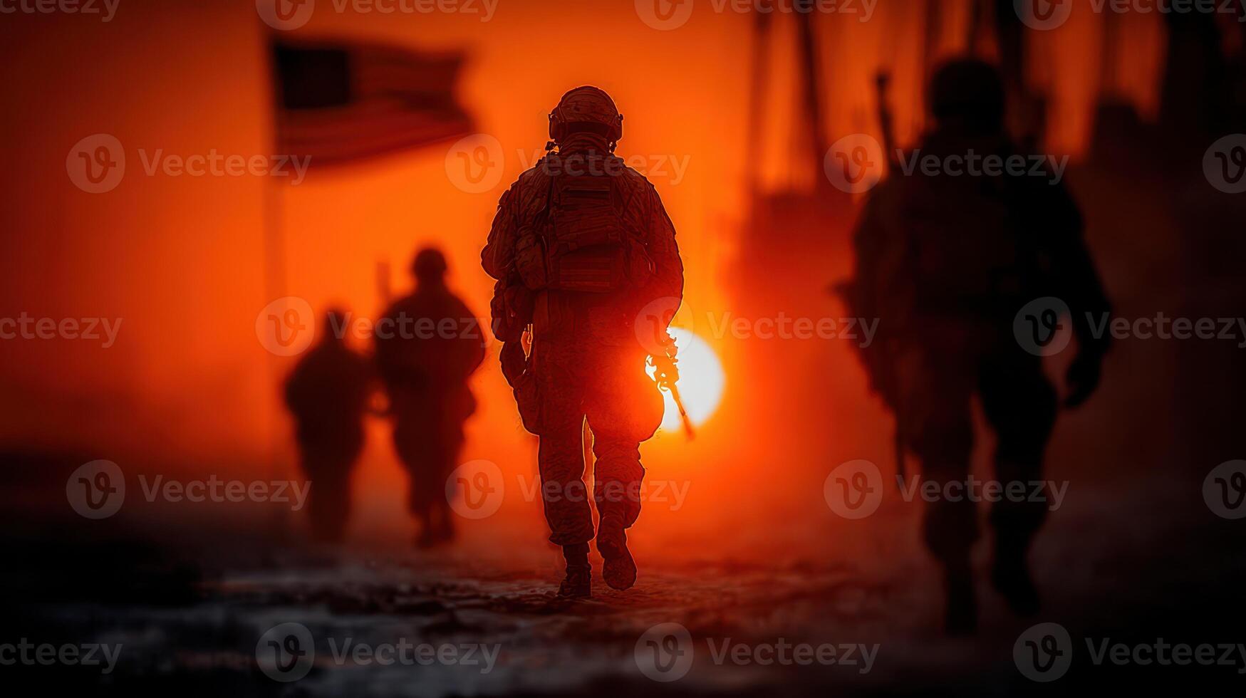 Soldiers march towards the setting sun against a fiery orange sky in a war-torn landscape photo