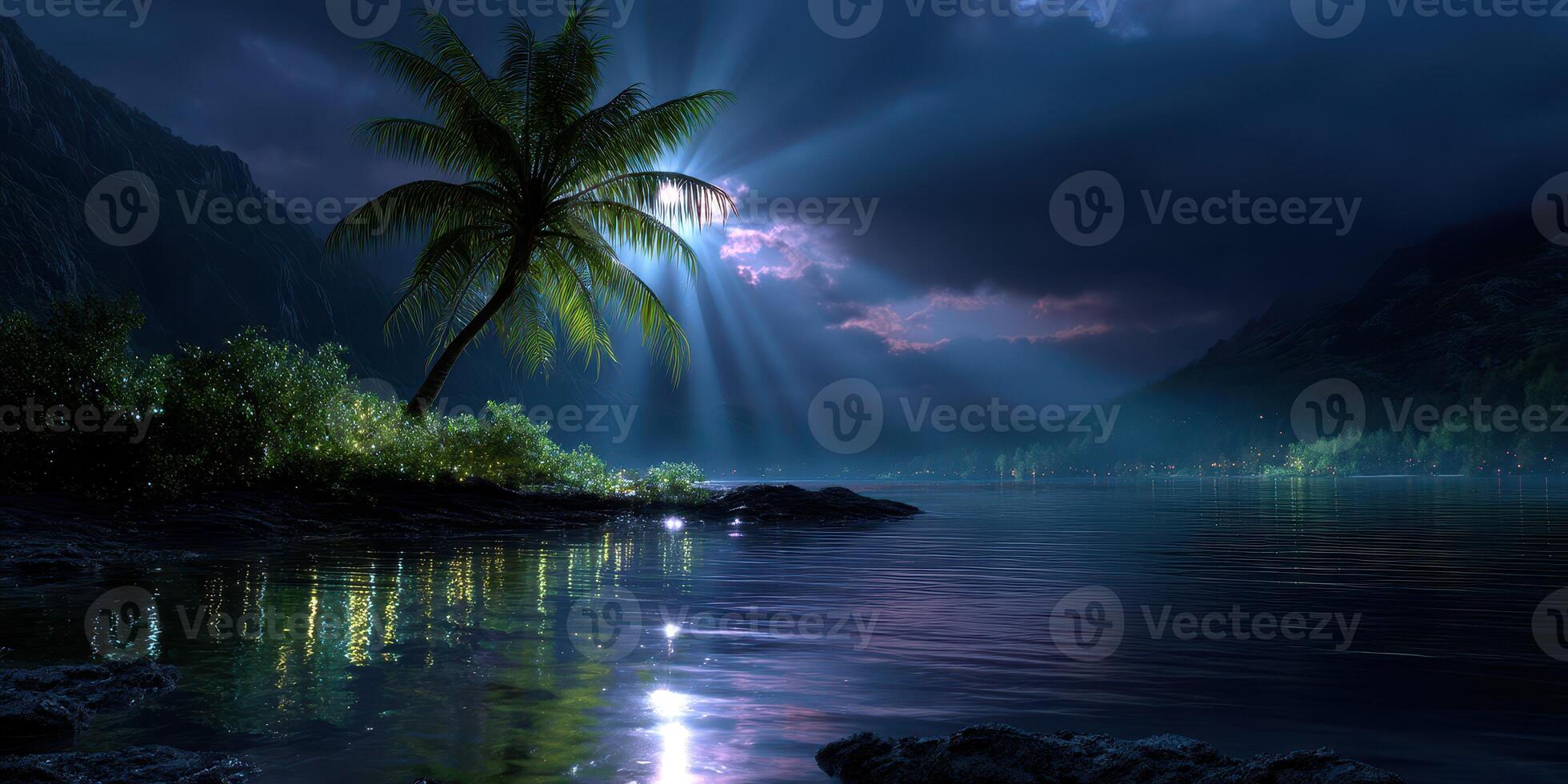 Calm waters reflect moonlight under a palm tree on a serene night by the lake photo