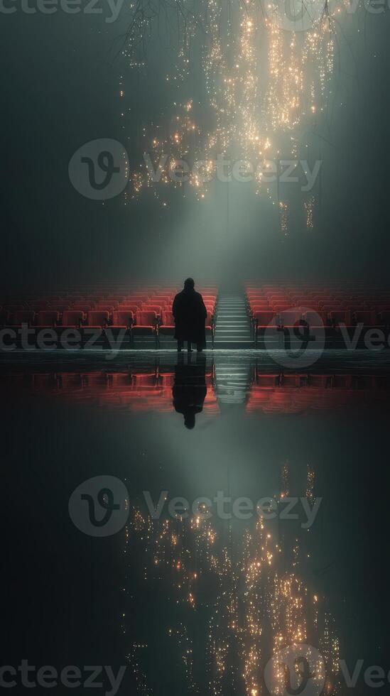 Lonely figure reflects in the center of an empty theater illuminated by sparkling lights photo
