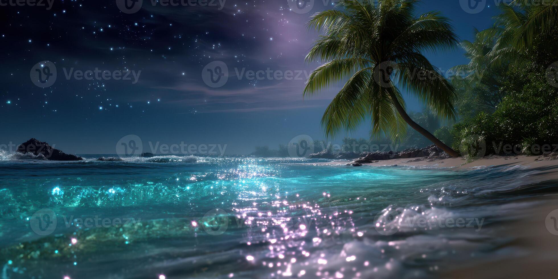 Stunning night view of a tranquil beach under a starry sky with shimmering water reflections and palm trees photo