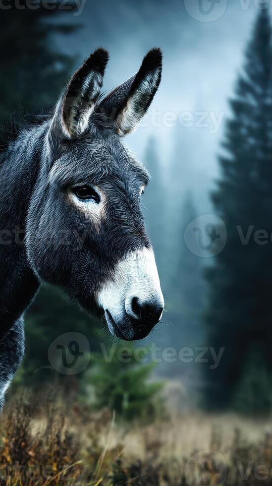 Majestic donkey gazes into the misty forest during early morning hours in a serene landscape photo