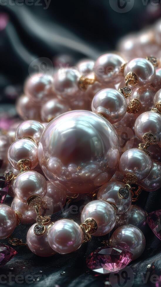 Intricate arrangement of elegant pearl jewelry reflecting light with rich textures and gemstones on a soft black fabric backdrop photo