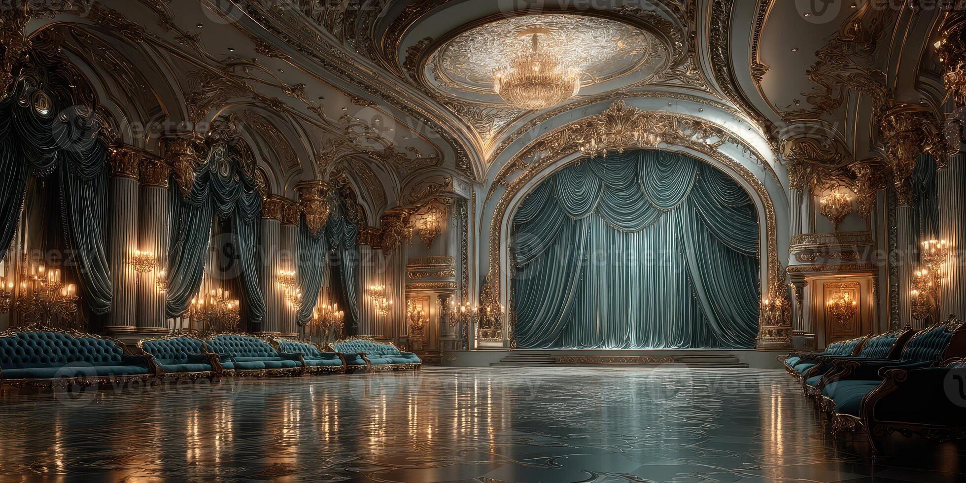 Elegant theater interior with lavish decorations and soft lighting showcasing a beautiful stage draped in rich fabric photo