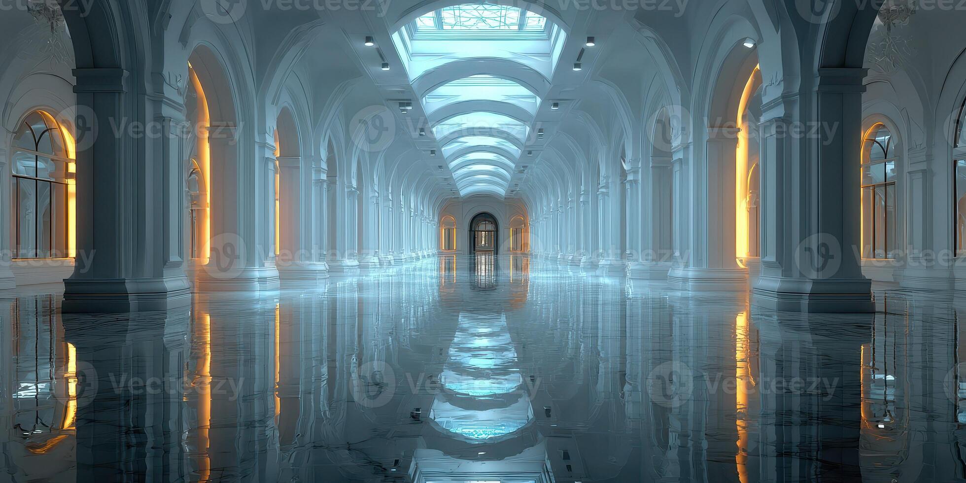 Elegant hallway with reflective floor and soft lighting creates a serene atmosphere in a grand architectural space photo