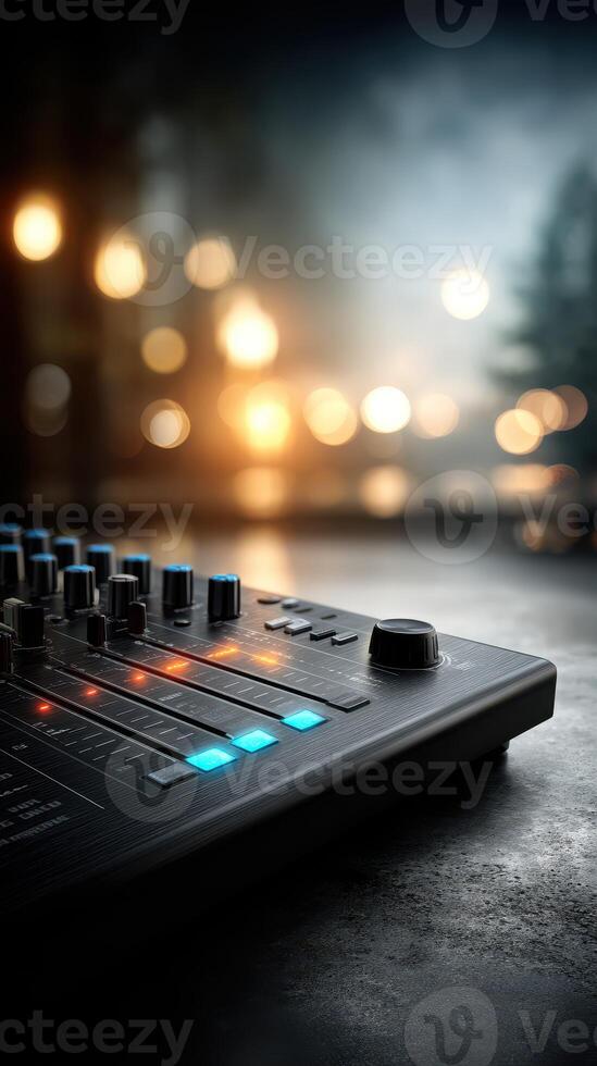 Electronic music production equipment with colorful lights in a dimly lit studio setting at night photo