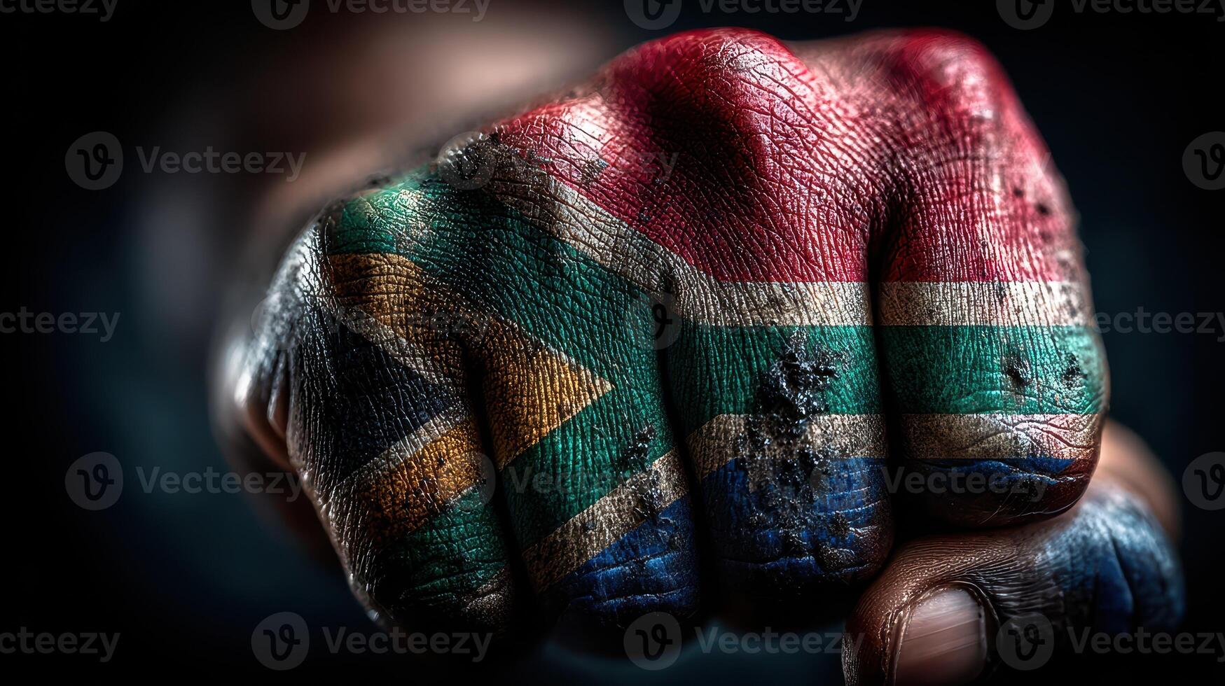 Fist painted with South African flag symbolizes unity and strength in heritage and culture photo