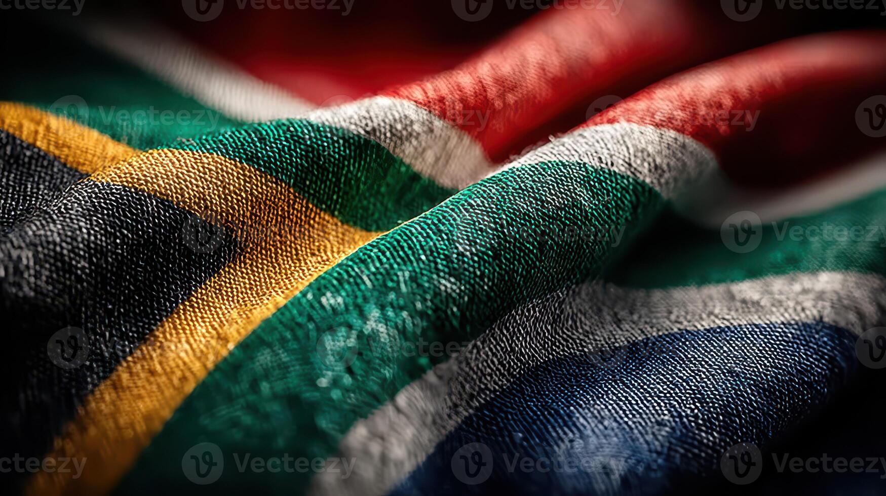 Close-up view of South African flag fabric showcasing vibrant colors and texture under natural light photo