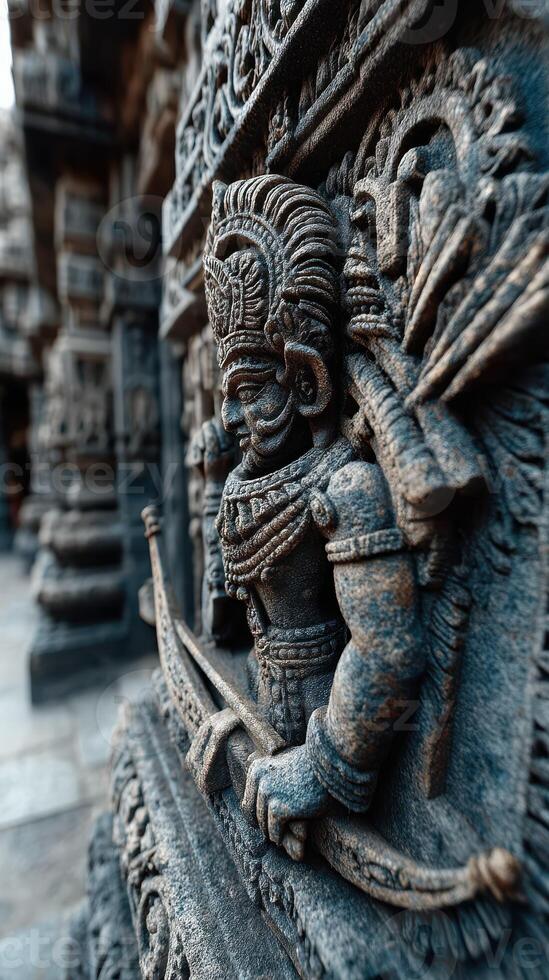Intricate stone carving of a warrior with bow located in an ancient temple during daylight photo