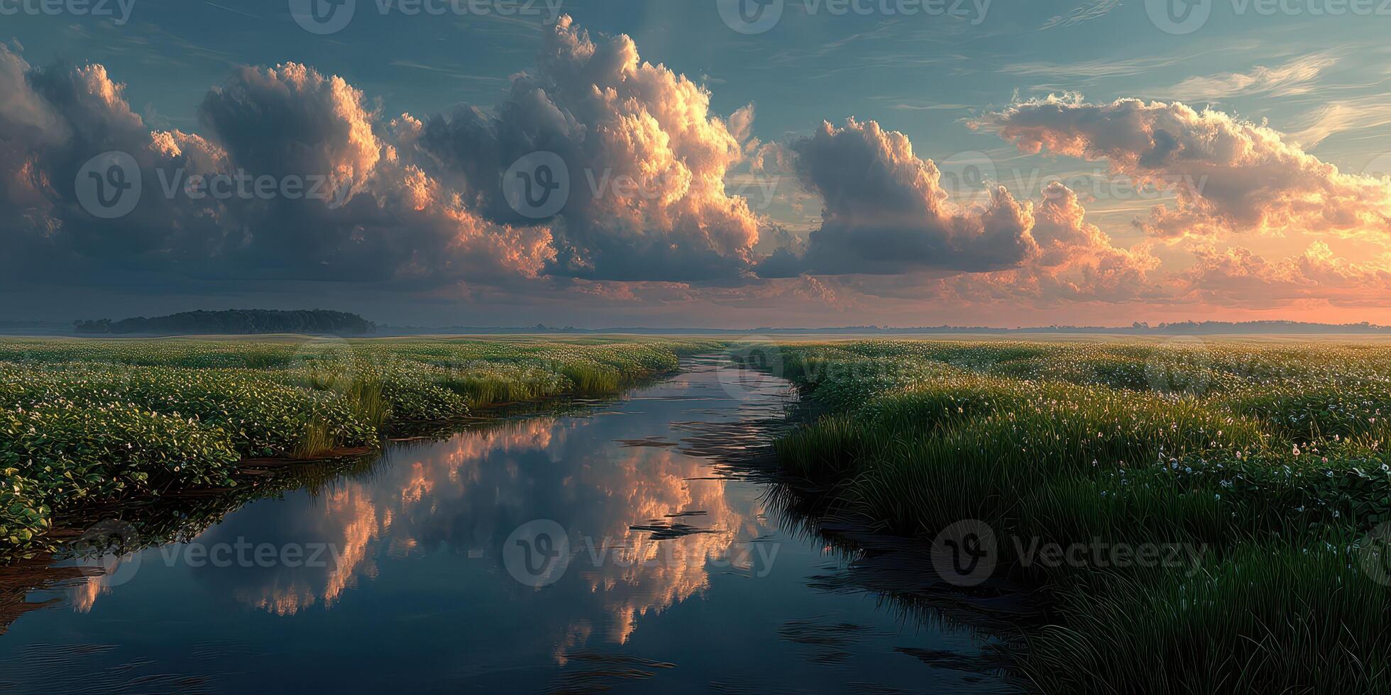 Majestic sunset over tranquil marsh with vibrant clouds reflecting on water photo
