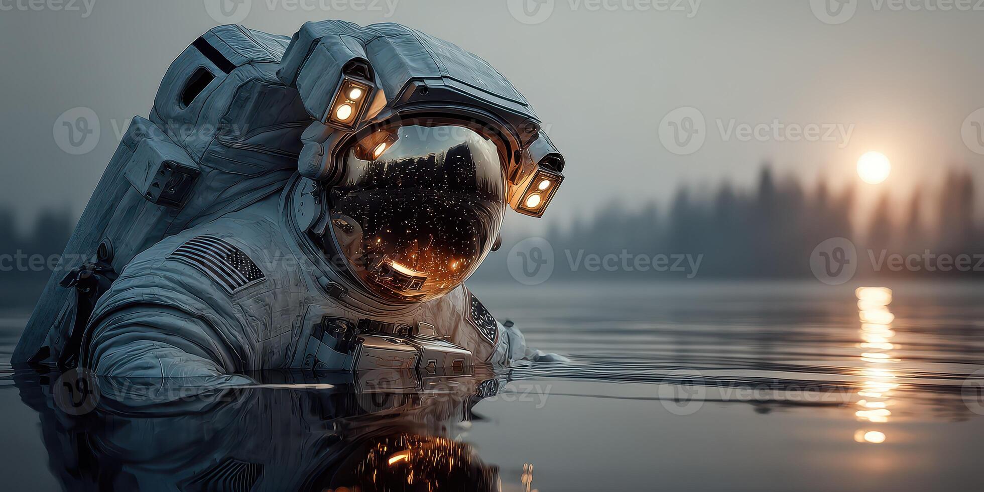 Astronaut exploring calm water at sunset near a forested landscape with soft reflective lighting photo