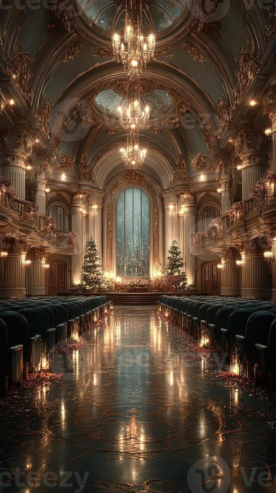 Elegant festive ballroom with grand architecture and soft lighting during winter season photo