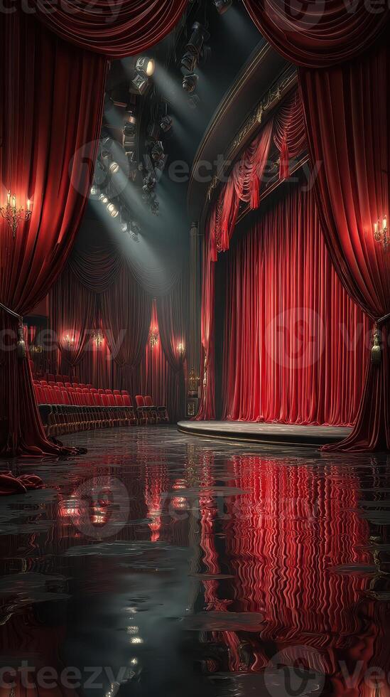 Elegant theater stage with red curtains and reflective floor in a stunning performance space photo