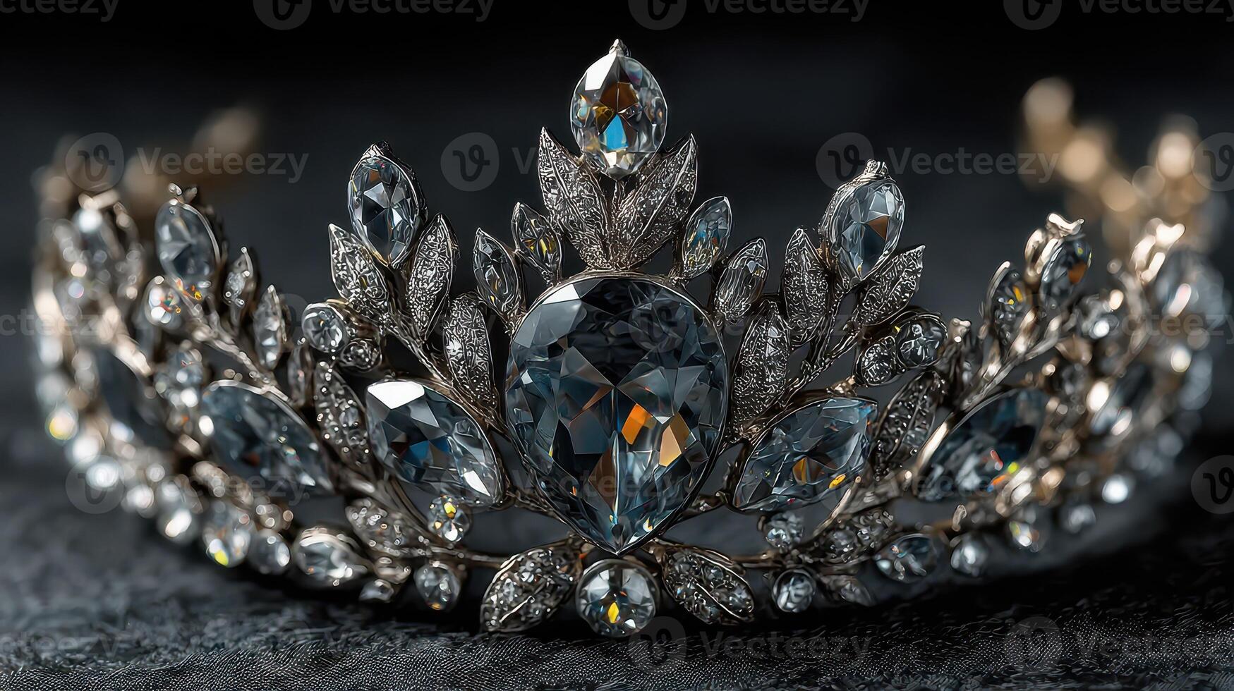 Exquisite silver tiara adorned with intricate gemstones displayed on a dark velvet surface during a jewelry exhibition photo