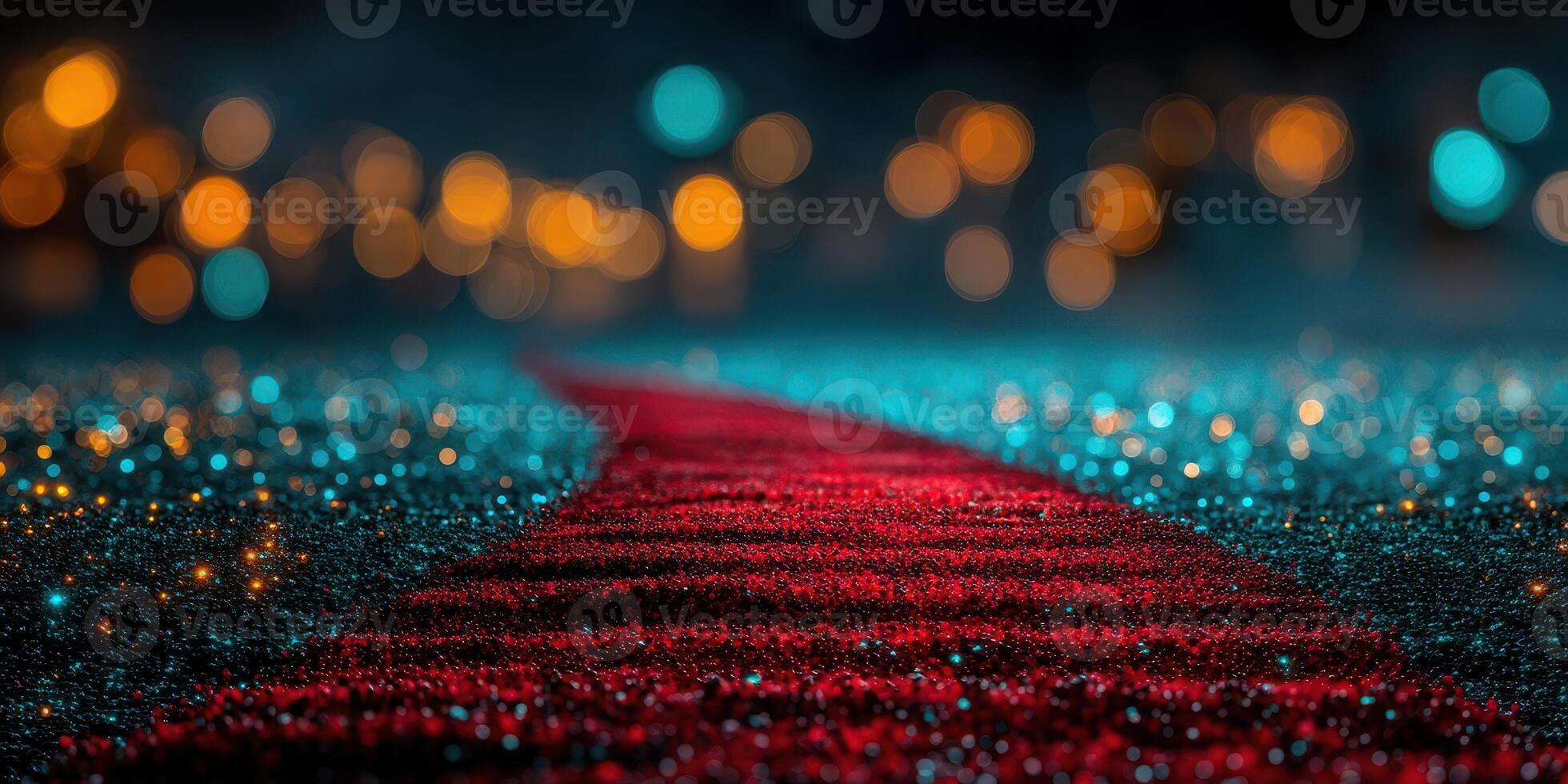 Vibrant red carpet leading to a glamorous evening event with sparkling lights creating a festive atmosphere photo