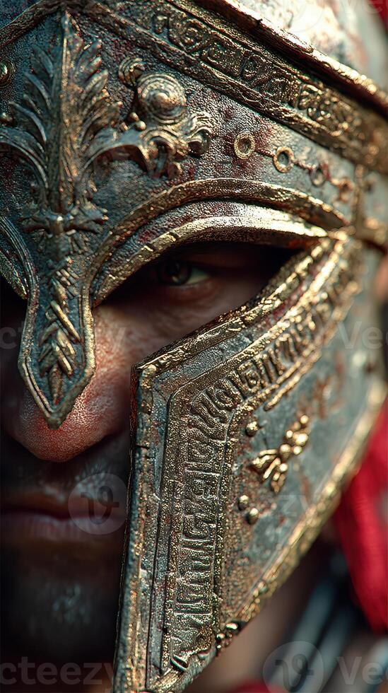 Warrior in ornate helmet with intricate designs and fierce expression during a historical reenactment photo